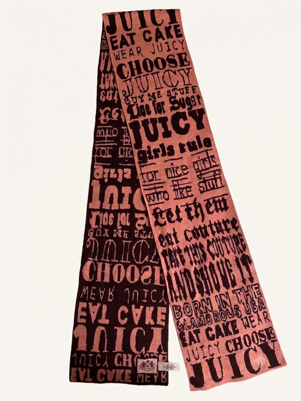 Vintage Y2K Juicy Couture 100% Wool Slogan Scarf Pink and Brown -- 72"